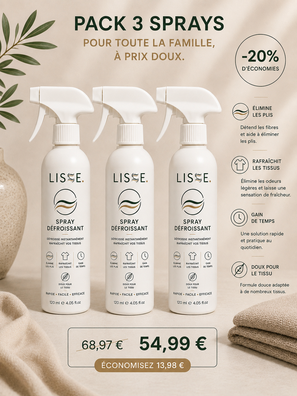 Pack 3 Spray Lisse Défroissant 120ml.
